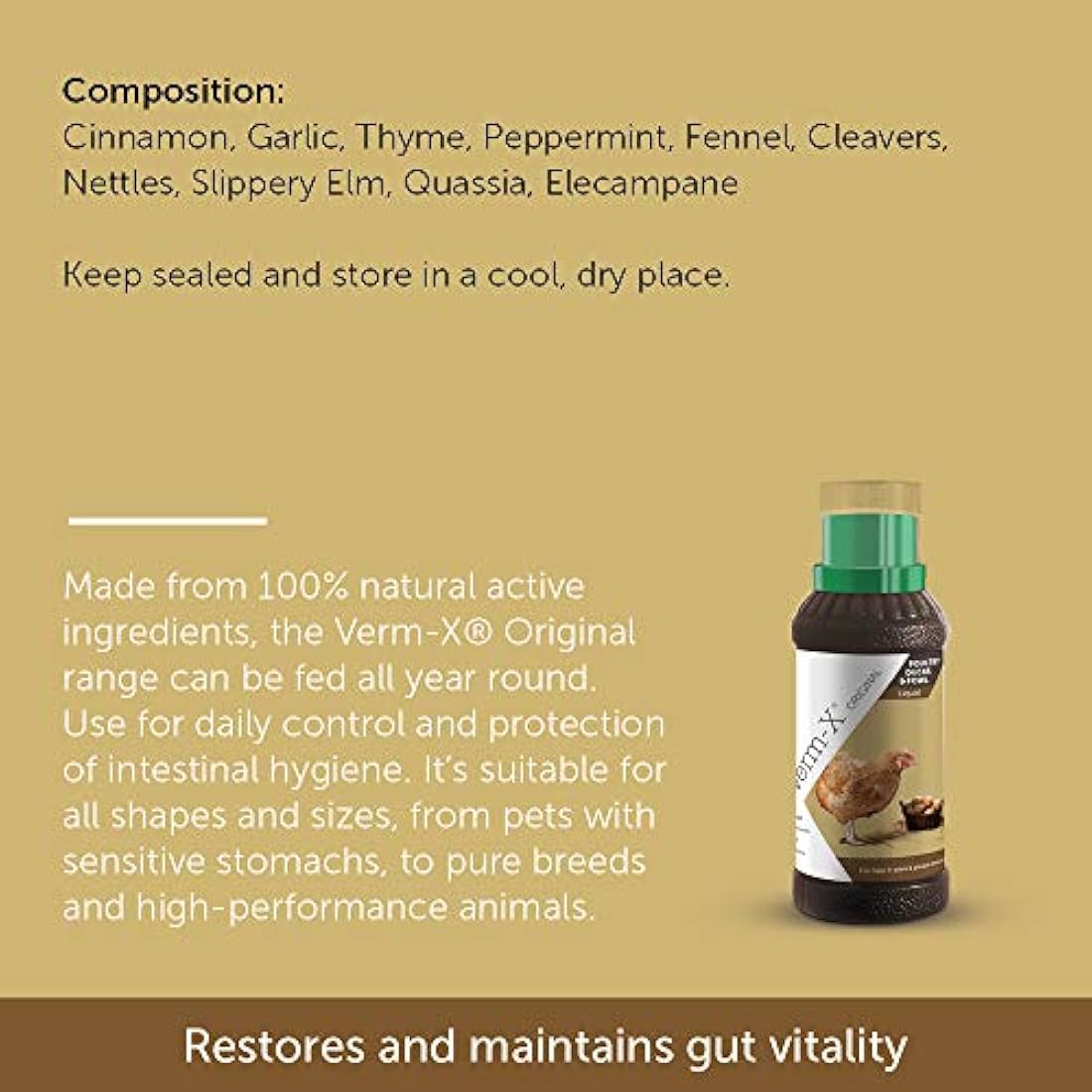 Verm-X 100% Natural Liquid for Poultry. Supports Intestinal Hygiene. Vet Approved. UFAS Assured. Contains Prebiotic for Gut Biome. Restores and Maintains Gut Vitality. Wormwood Free - 500ml