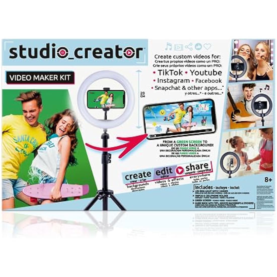 Canal Toys - Video Studio Creator Kit - Become an Influencer - Accessories with Green Background, Tripod and Ring of Light - From 8 years old - INF 001 - Cranberry