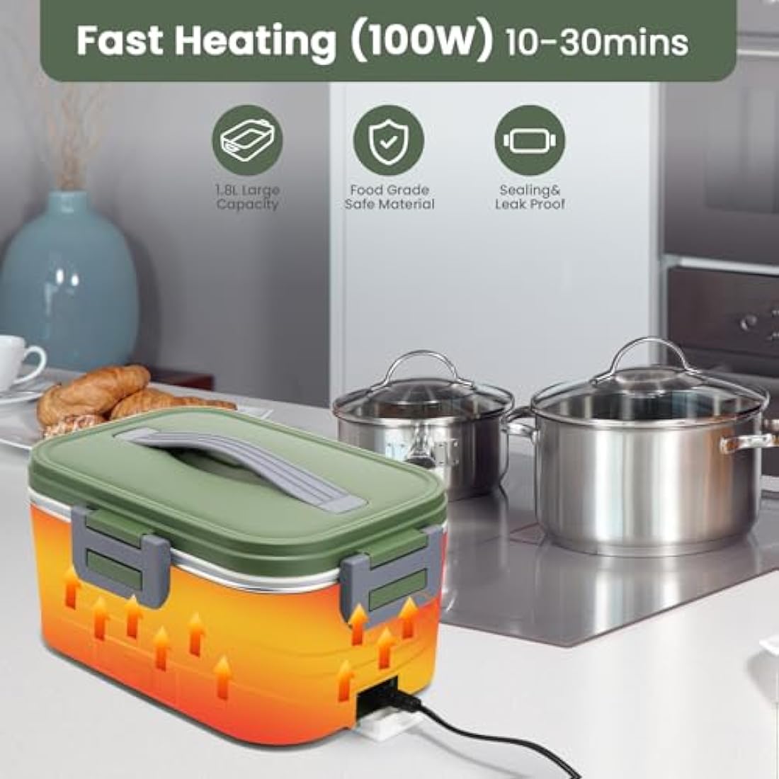 BYbrutek Electric Lunch Box 100W, 1.8L Removable Stainless Steel, 3-in-1 Portable Heated Lunch Box, 12V/24V/220V Insulated Heat Box for Car/Truck/Office/Home, with Insulated Bag and Sponge (Green)