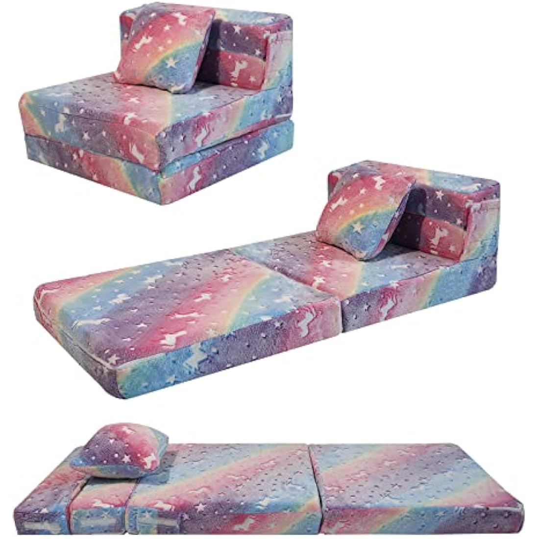 MeMoreCool Kids Sofa Bed, Toddler Floor Mattress Glow in The Dark, Baby Modular Unicorn Couch, Fold Up Children Sofa Convertible Futon Folding Mattress Chair Bed for Playroom