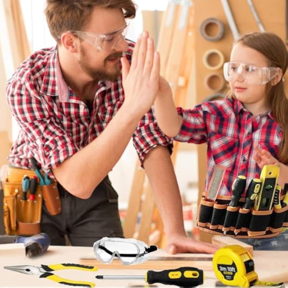QeeHeng Real Kids Tool Set -Kids Tool kit for Starter with Hammer,Tool Belt,Safety Goggles, Pliers, Wrench,Screwdrivers & Bag,Children's DIY Play Tools for Boys /Girls /Beginner Learning Gift