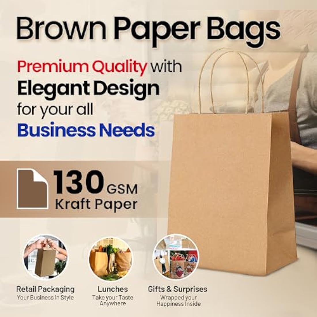 HURUC 30 Pcs Brown Paper Bags With Handles,130GSM, Small Paper Gift Bags, Eco-Friendly Kraft Shopping Carrier, Christmas, Easter, Birthday Parties & Merchandise Retail 18x24x8cm