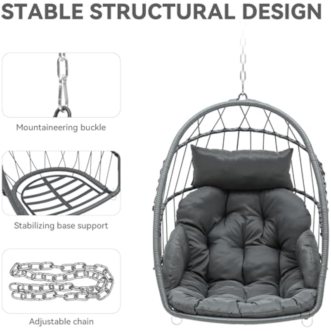 YITAHOME Rattan Egg Chair Max. load 150 kg Garden Egg Chair with 2 Cushions, 105 x 74 x 72 cm Iron Sturdy Steel Frame, Hanging Egg Chair with a Chain & S Hook for Patio, Garden, Living Room, Grey