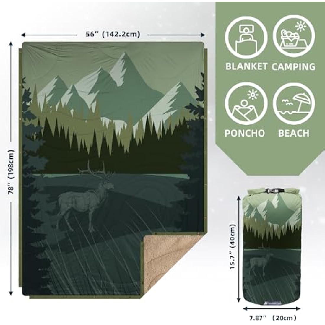 KawaGebo Kamp Outdoor Camping Blanket with Sherpa Lining, Extra Warm Thick Camp Blankets & Puffy Ultralight Soft Poncho DWR Camping Quilt for Cold Weather, Adventure,Sleeping,Backpacking 78"x 56"