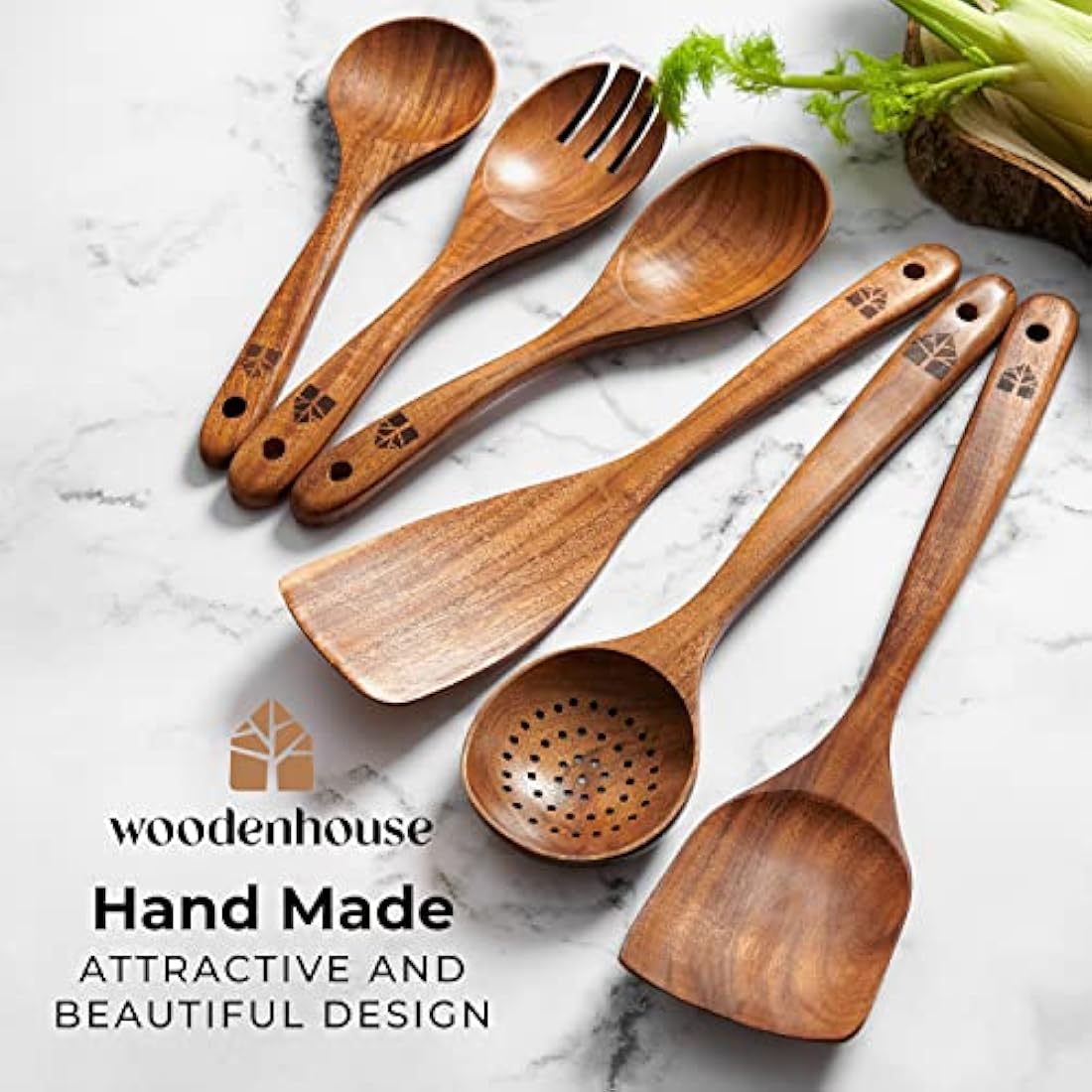 Wooden Utensil Set - 6 Pcs Teak Wooden Spoon Kitchen Utensils Set - Cooking, Mixing, Serving, Slotted Spoons, Salad Fork, Cooking Spatula, Non-Stick & Heat Resistant Kitchen Accessories