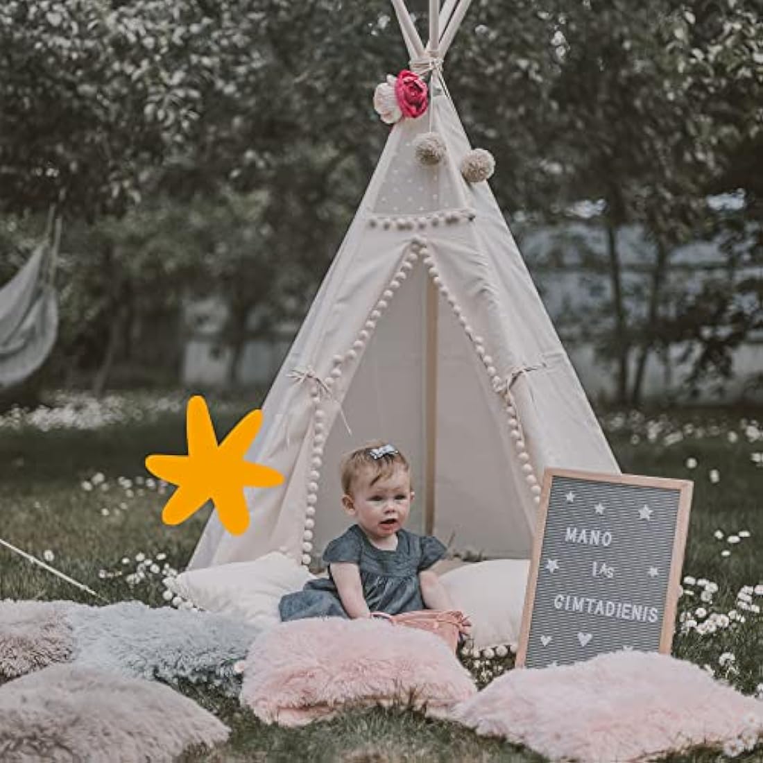 MINICAMP Original Teepee Tent for Kids, Handmade Natural Canvas & Wooden Playhouse for Children & Toddlers, Indoor Sleepover Play Tent for Girls & Boys, Extra-Stable Child Tipi with Pom-Poms