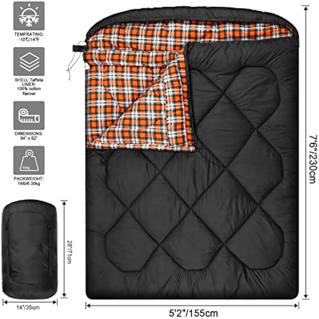 Winter 0 Degree Double Sleeping Bag, Double Wide Queen Size 2 Person Sleeping Bag With 100% Cotton Flannel Lining, Warm And Waterproof For Camping, Fishing or Hunting in Cold Weather