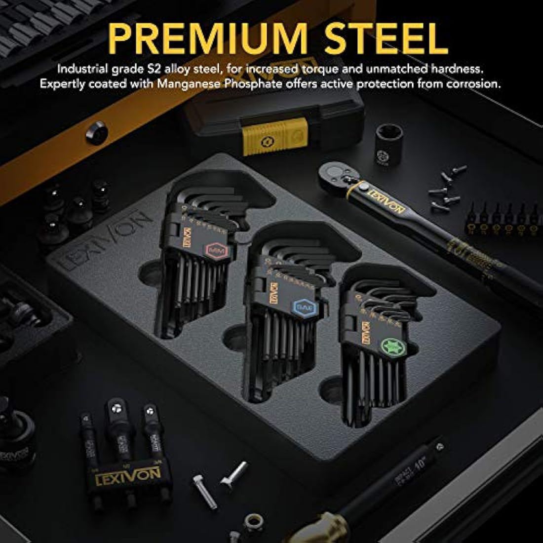 LEXIVON Master Wrench Key Set, 35-Piece Long Arm Ball End Hex Keys | 3-Pack Metric/SAE & Star, Industrial Grade S2 Alloy Steel (LX-131)