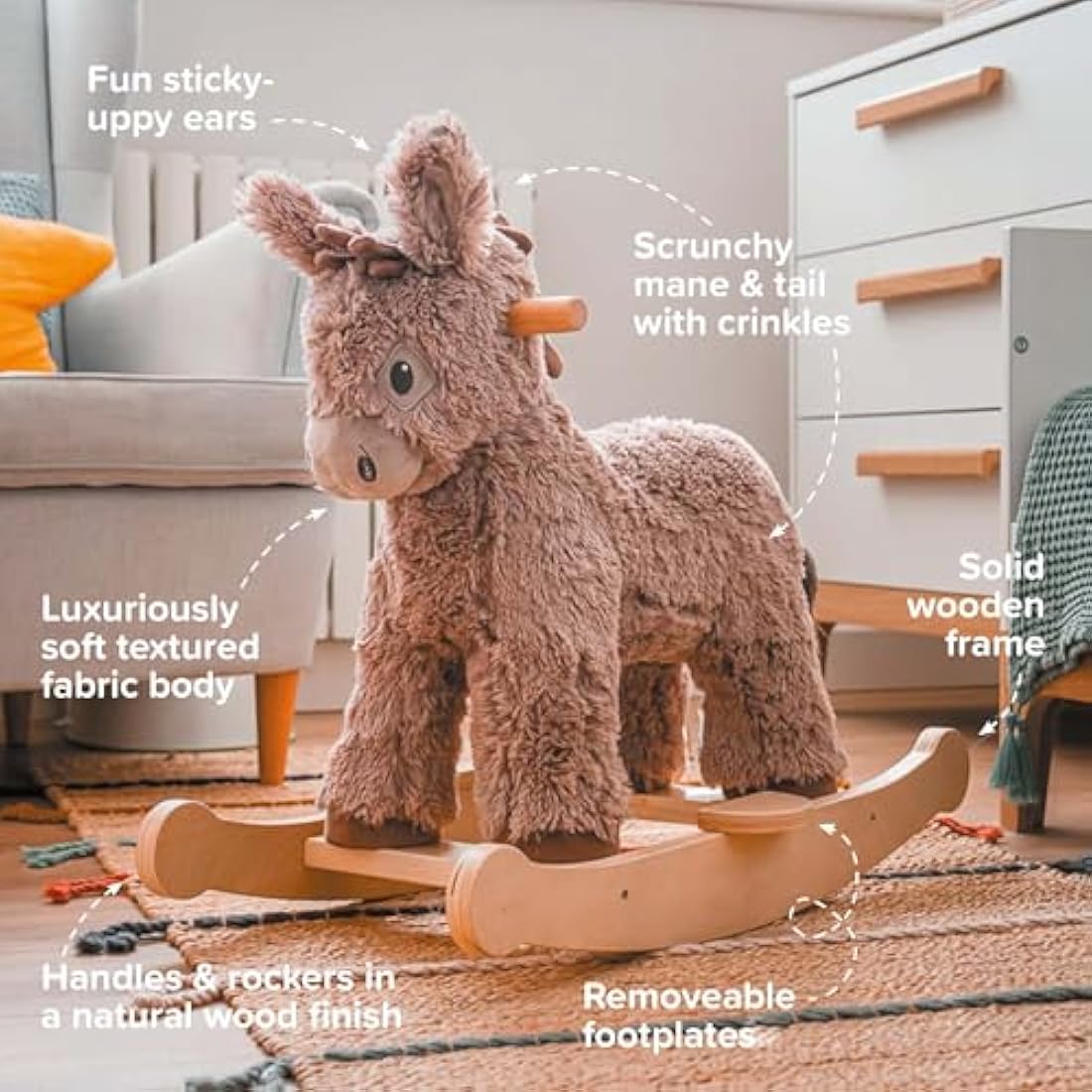 Little Bird Told Me - Norbert Donkey Rocking Toy for Baby/Toddler 9+ Months Unisex - Soft Plush Fabric, Solid Wooden Frame & Rockers, Scrunchy Ears & Tail - British Brand Since 2007
