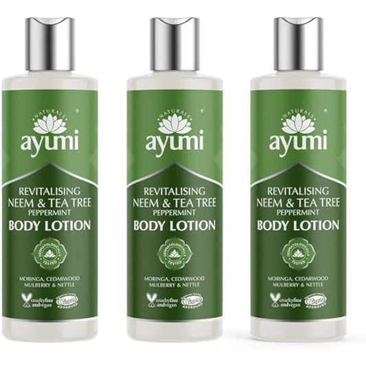 Ayumi Neem & Tea Tree Body Lotion | Oil Control Moisturiser for Oily Skin | Acne Cream with Witch Hazel | Nettle Leaf Hand Cream to Soothe Irritation | Body Moisturiser for Men & Women | 3 x 250ml