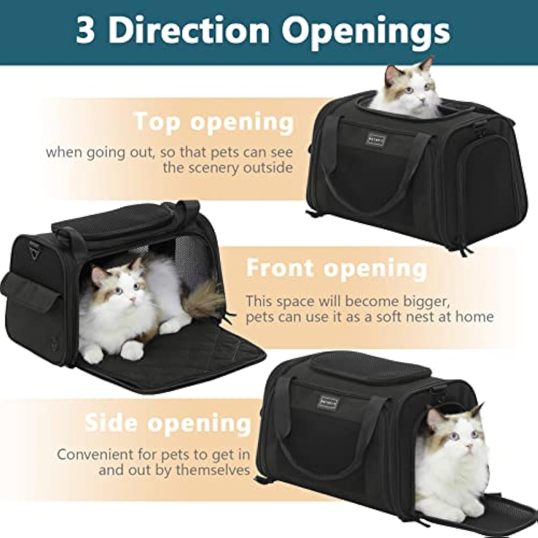Petsfit Pet Carrier Airline Approve Cat Carrier Soft Sided,Expandable mat and Ventilation Mesh Lightweight Pet Carrier Bag for Cat and Small Dogs, Black