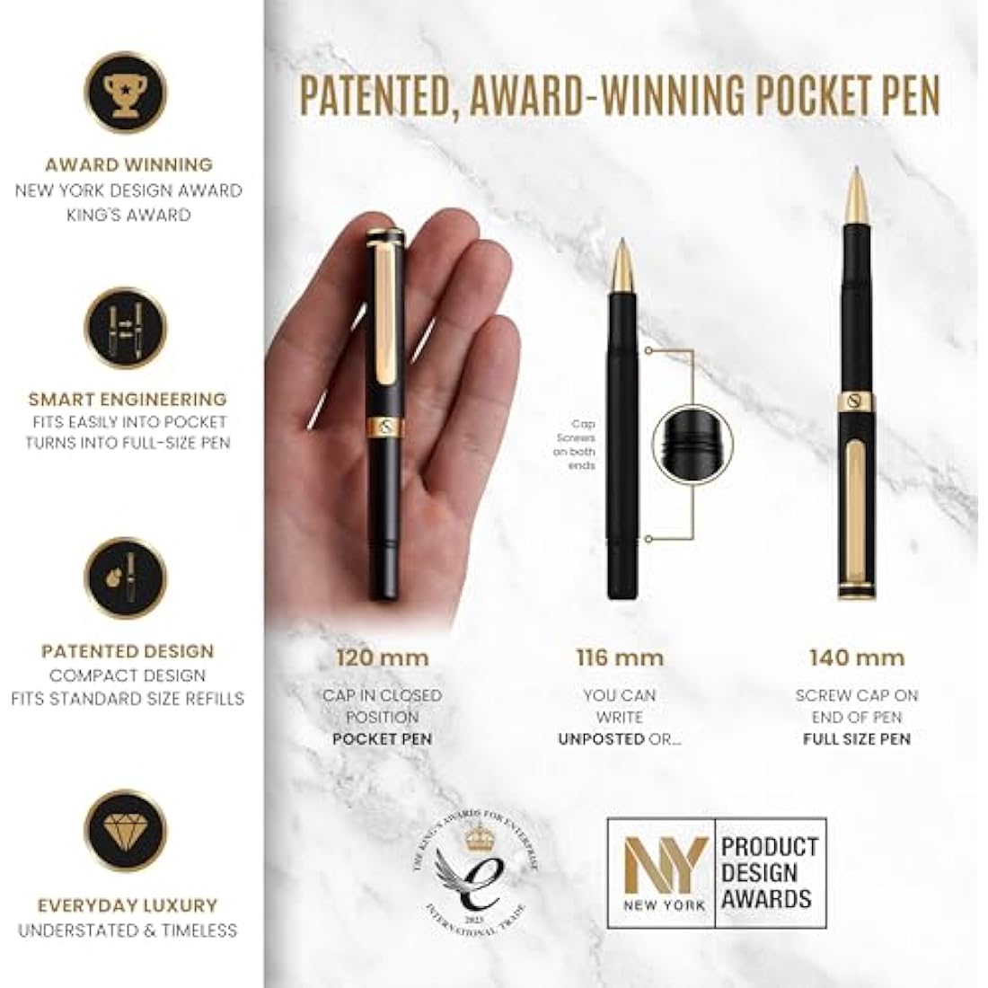 Scriveiner Black Rollerball EDC Luxury Pen, Stunning Pocket Pen, Real Gold Plating, Cool Writing Pen, Best Pen Gift for Men, Women, German Schmidt Refill, Nice Present, Fancy Office Designer Pen Set