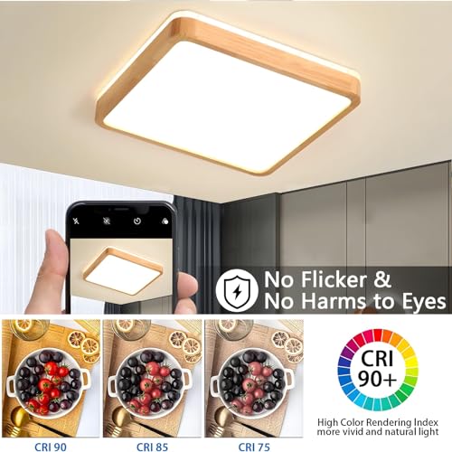 YYUTLUO LED Ceiling Light Wood, Top 360 Glow Square Natural Wooden Lamp | 4500K Natural White, 18W 1600lm | Living Room, Kitchen, Dining Room,
