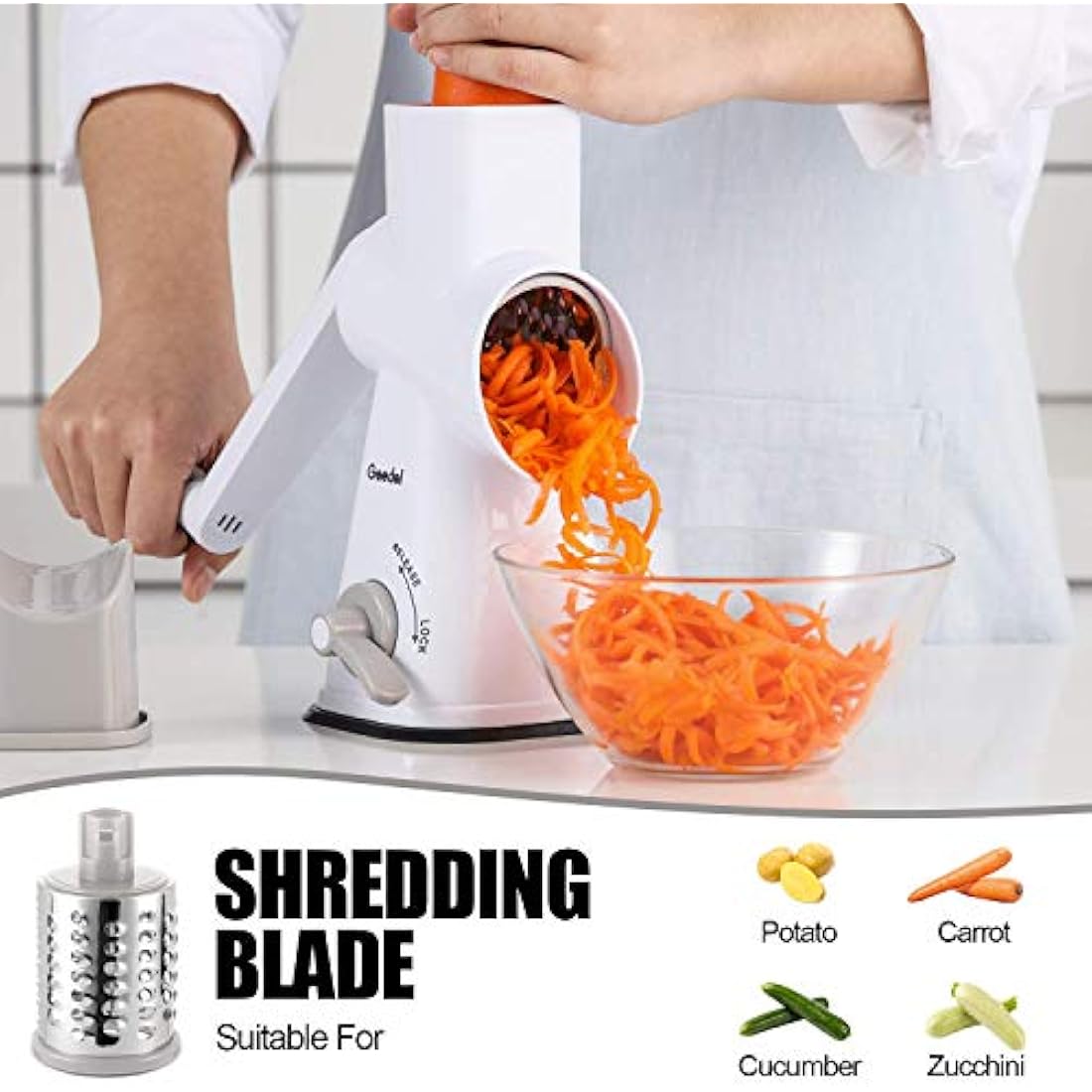 Rotary Cheese Grater, Mandoline Vegetable Slicer with 3 Detachable Drum Blades, Rotary Grater for Kitchen Dishwasher Safe, Effiently Cheese Grinder for Vegetables, Nuts, etc