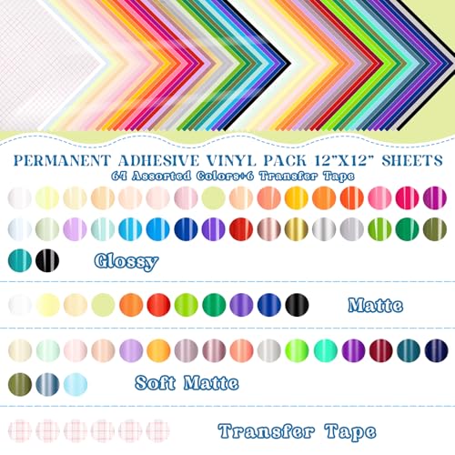 VINYL FROG Permanent Adhesive Vinyl Bundle 70 Pack Adhesive Vinyl Sheets 12''x12'' Permanent Vinyl for Cups, Decals, DIY Craft Projects