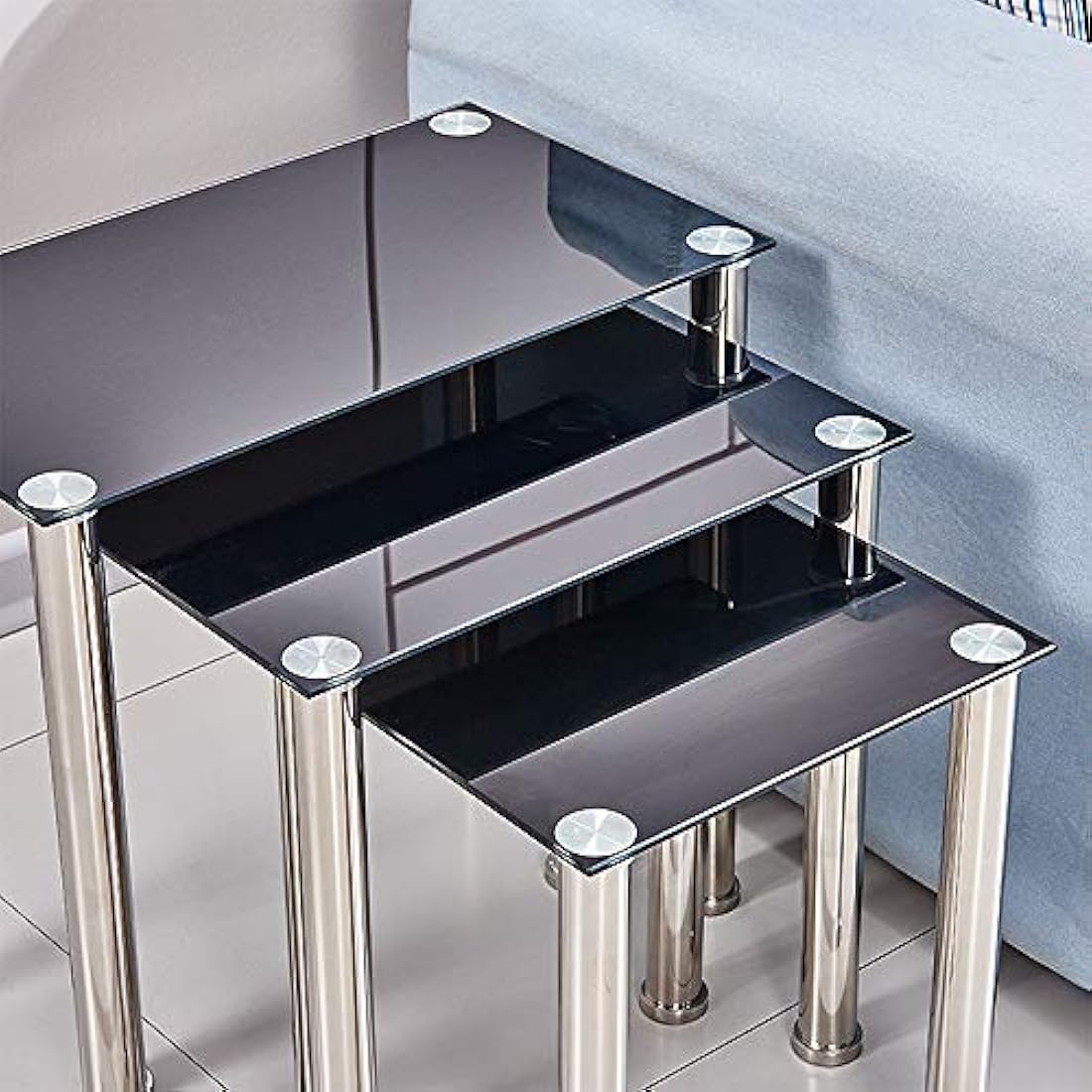 BELIFEGLORY Modern Design Nesting Tables, Set of 3 Coffee Table with Tempered Glass and Stainless Steel Legs, Space Saving Sofa Side Corner End Table (Rectangular - Black)