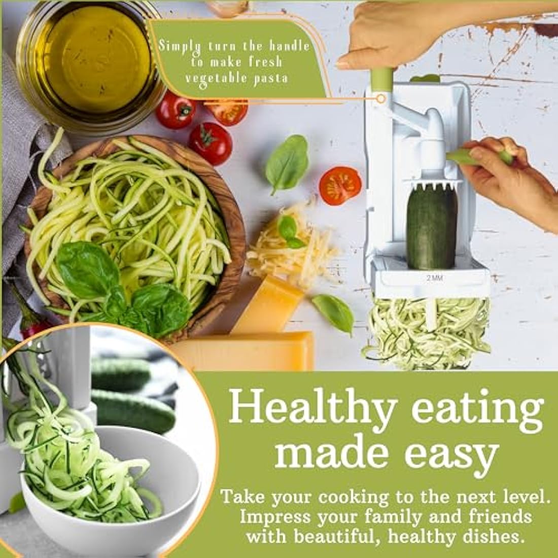 Brieftons 7-Blade Vegetable Spiralizer: Strongest-Heaviest Spiral Slicer, Best Veggie Pasta Spaghetti Maker for Low Carb/Paleo/Gluten-Free Meals, with Blade Caddy, Container, Lid & 4 Recipe Ebooks