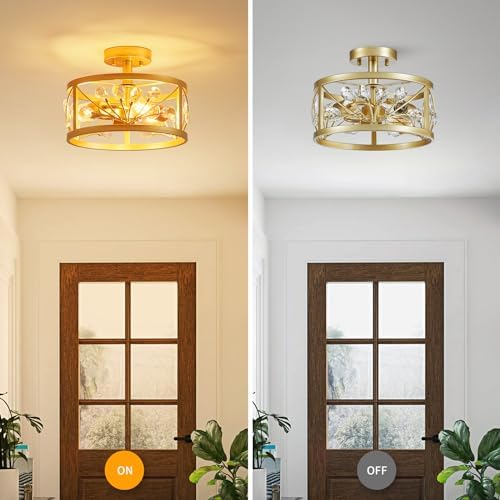 WUZUPS Crystal Leaf Chandelier 3-Light Vintage Farmhouse Industrial Semi-Flush Mount Ceiling Light Modern Lighting Fixture Foyer Hallway Storage Room Kitchen Bathroom, H 22 W 30, Gold