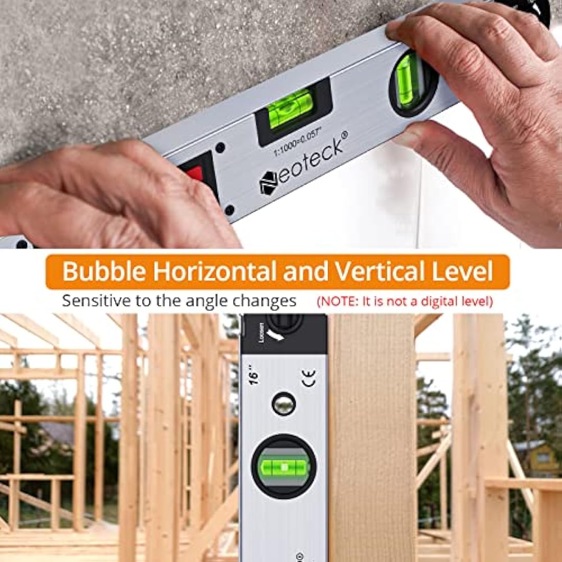 Neoteck Aluminum Digital Angle Finder Protractor 225° 16 inch Backlit LCD Digital with Horizontal and Vertical Bubble - Silver