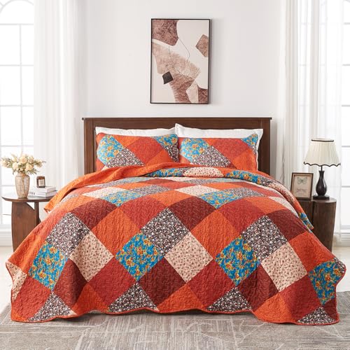 Qucover Quilted Bedspread Super King, Multicolour Print Red Orange Blue Patchwork Quilt with 2 Pillow Shams, All Seasons Lightweight Soft Microfiber