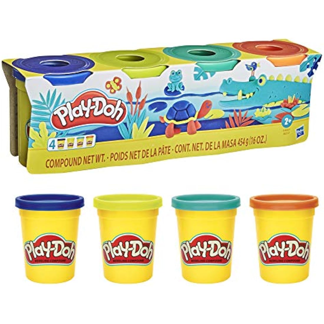 Play-Doh 4 Pack of Wild Non-Toxic Colours for Kids 2 Years and Up, 4-Ounce Cans (Dark Blue, Bright Green, Orange, Green), Modelling Compound, Gift Idea for Boys and Girls