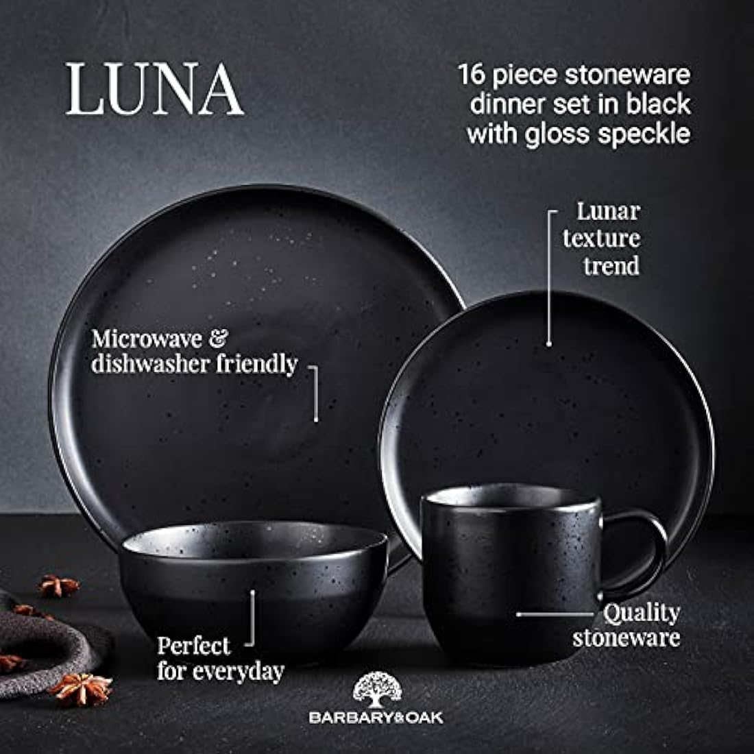 Barbary & Oak BO867005BLK Luna 16 Piece Dinnerware Set, Stoneware, Matte Black with Gloss Speckle