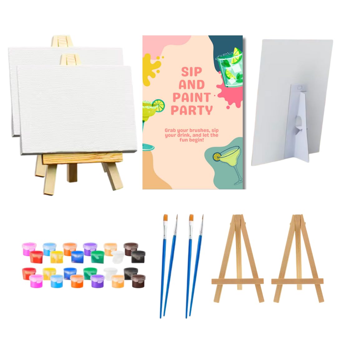 Sip and Paint Party Kit for Adults - Set of 2 Canvas Painting Supplies for Date Night, Couples, Friends, or Family - Includes Paints, Brushes, Easels,