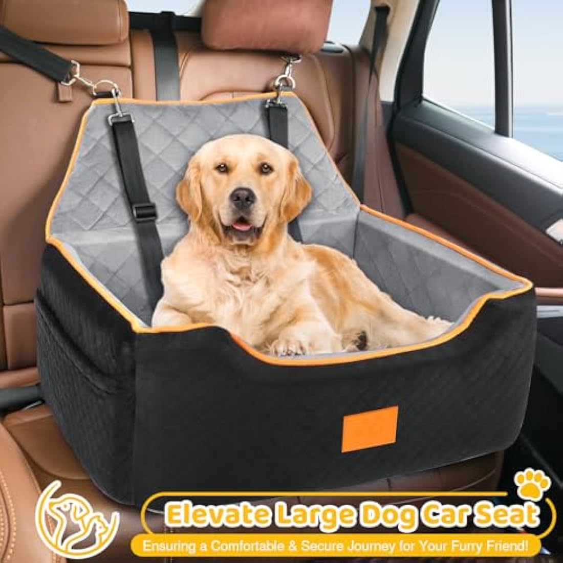 GL GLENSLAVE Dog Car Seat for Large/Medium Dogs, Dog Booster Seat for Pet Under 55Lbs or 2 Small, Detachable and Washable Travel Pet Bed with Thick Cushion and Storage Pockets (Black/Grey)
