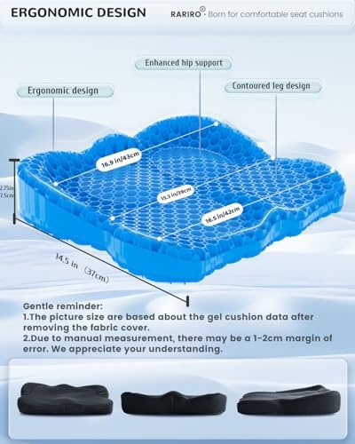 Gel Seat Cushion, Pressure Cushion 2025 Double-Structure Ergonomics Honeycomb Office Chair Soft Sitter Desk Chair Coccyx Sciatica Cushion for Long Sitting Kayak Wheelchair Car Seat Cushions Blue