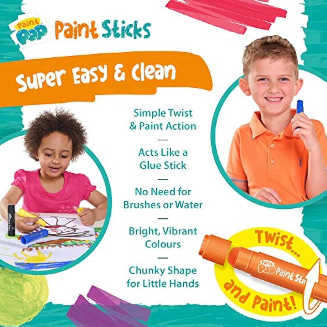Paint Pop - Paint Sticks For Kids - 12 Pack Assorted Colours - Twist & Paint, Mess-Free, Fast Drying Action, Easy Clean Up, Vibrant Colours, Multi-Surface
