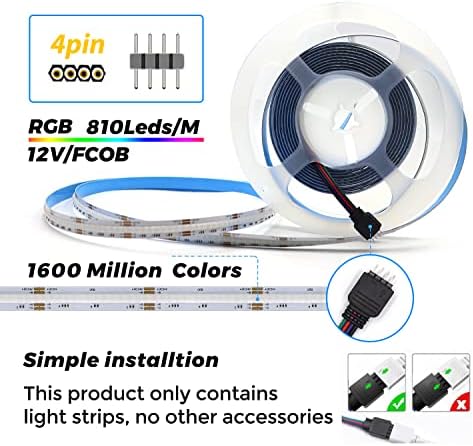 Arotelicht COB LED Strip RGB 5m 12V COB LED Tape Dimmable Fairy Lights High Density 810LEDs/M IP20 for Bedroom Kitchen Home Interior Decoration