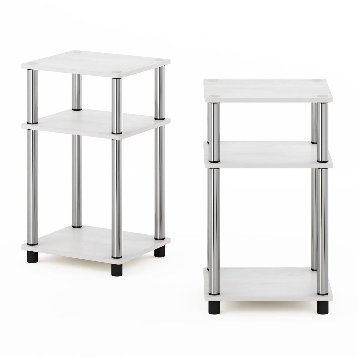 Furinno 3-Tier Turn-N-Tube End, Side Table, Nightstand, Engineered Wood, White Oak/Chrome, 2-Pack