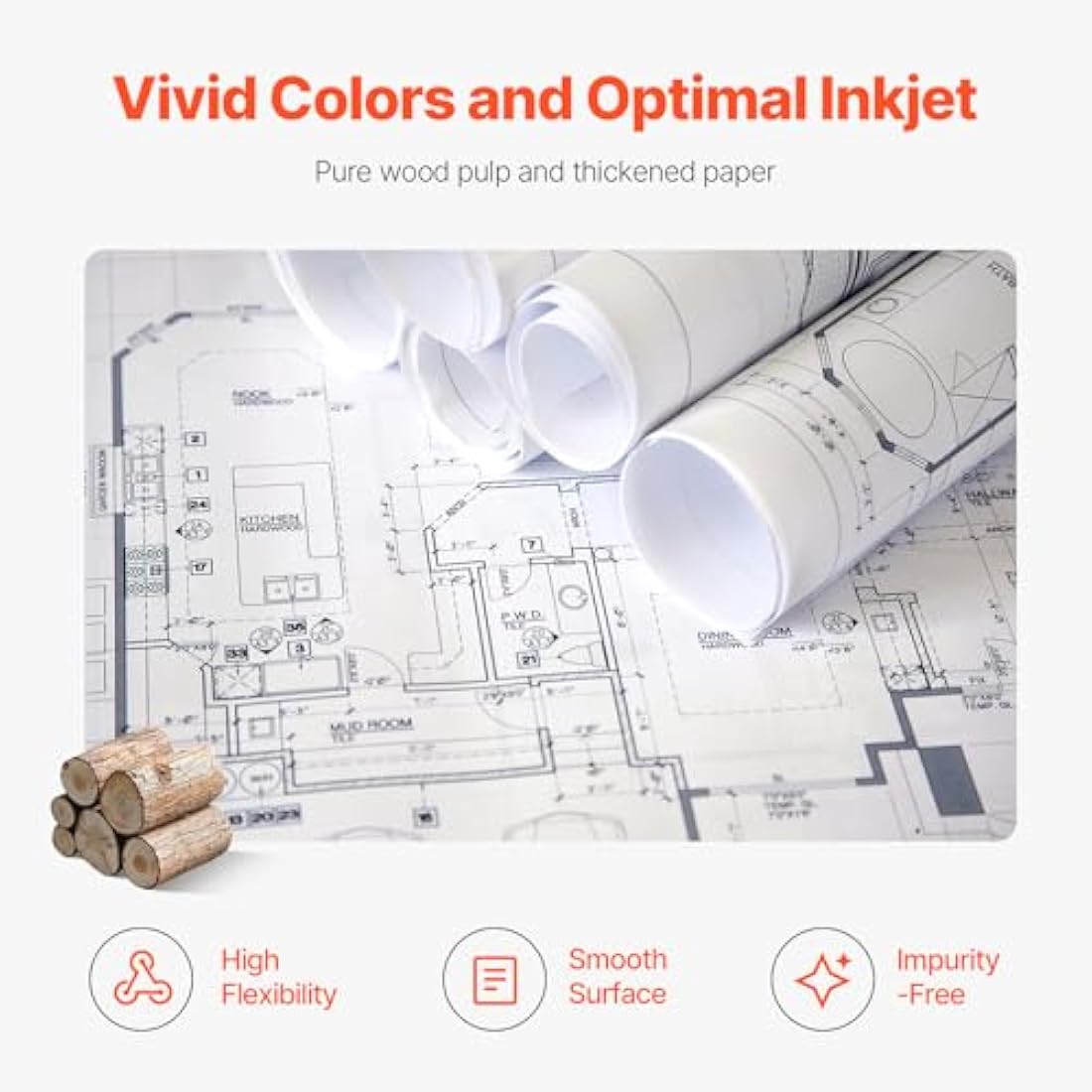 VEVOR Wide Format Paper, 24 in x 500 ft Plotter Paper, 2 Rolls CAD Bond Rolls with 3 in Core, 20 LB Bond Paper Rolls, Idea for CAD Drawings, Engineering Plans, GIS Maps & Architectural Designs