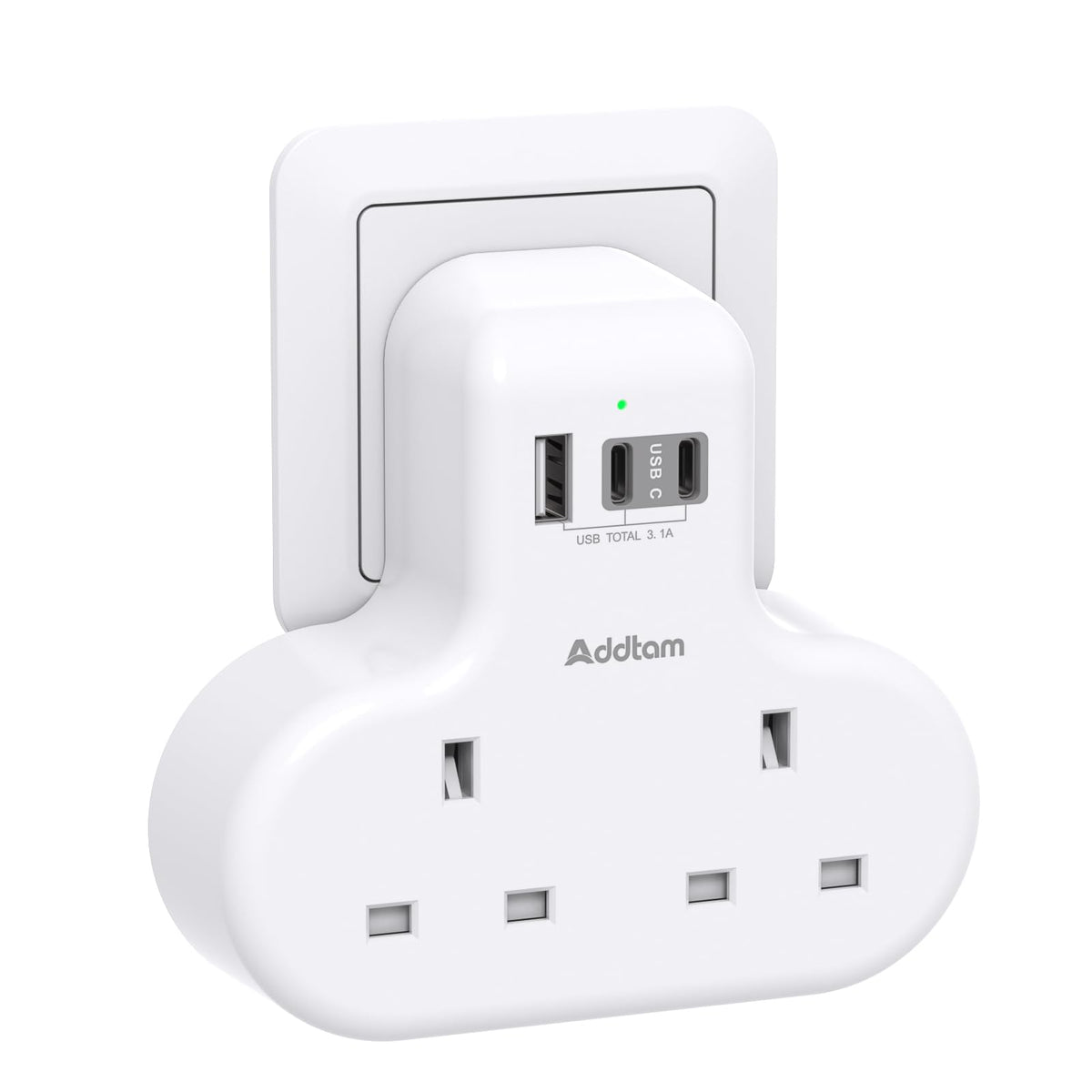 Addtam Double Plug Extension with 3 USB Ports (2 USB-C), 2 Way Multi Plug Adaptor, 13A UK 3 Pin Socket Extension for Home, Office, Travel and School