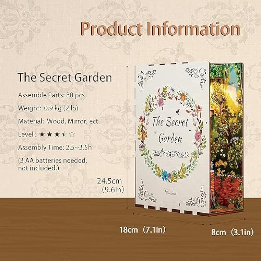 Tonecheer DIY Book Nook Kit Wooden Model Kit 3D Puzzle for Adults to Build Miniature House Kit Dollhouses Miniature House Kit Craft Kit with Light Christmas Birthday Gifts(The Secret Garden)
