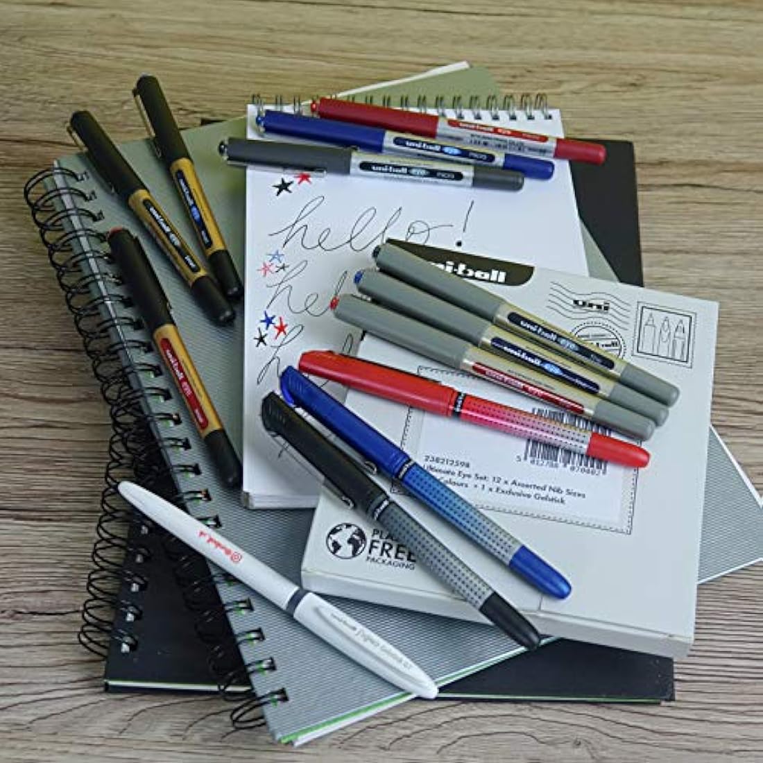 uni-ball Ultimate Eye Rollerball Black, Blue, Red Ink Pens Set. Broad 1.0mm, Fine 0.7mm, Micro 0.5mm, Needle 0.4mm Ballpoint Tip + Signo Gel Pen. Fade and Water Resistant Liquid Uni Super Ink. 13 Pack