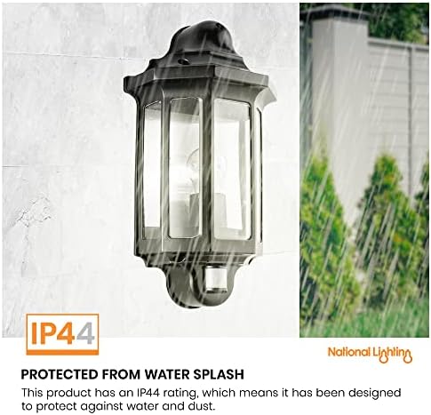 National Lighting Black Outdoor Security Lights - PIR External Wall Light - Motion Sensor Presence Detector Half Lantern Garden Porch Wall Lamp - IP44 Rated 60W GLS ES or LED E27 (Not Included)