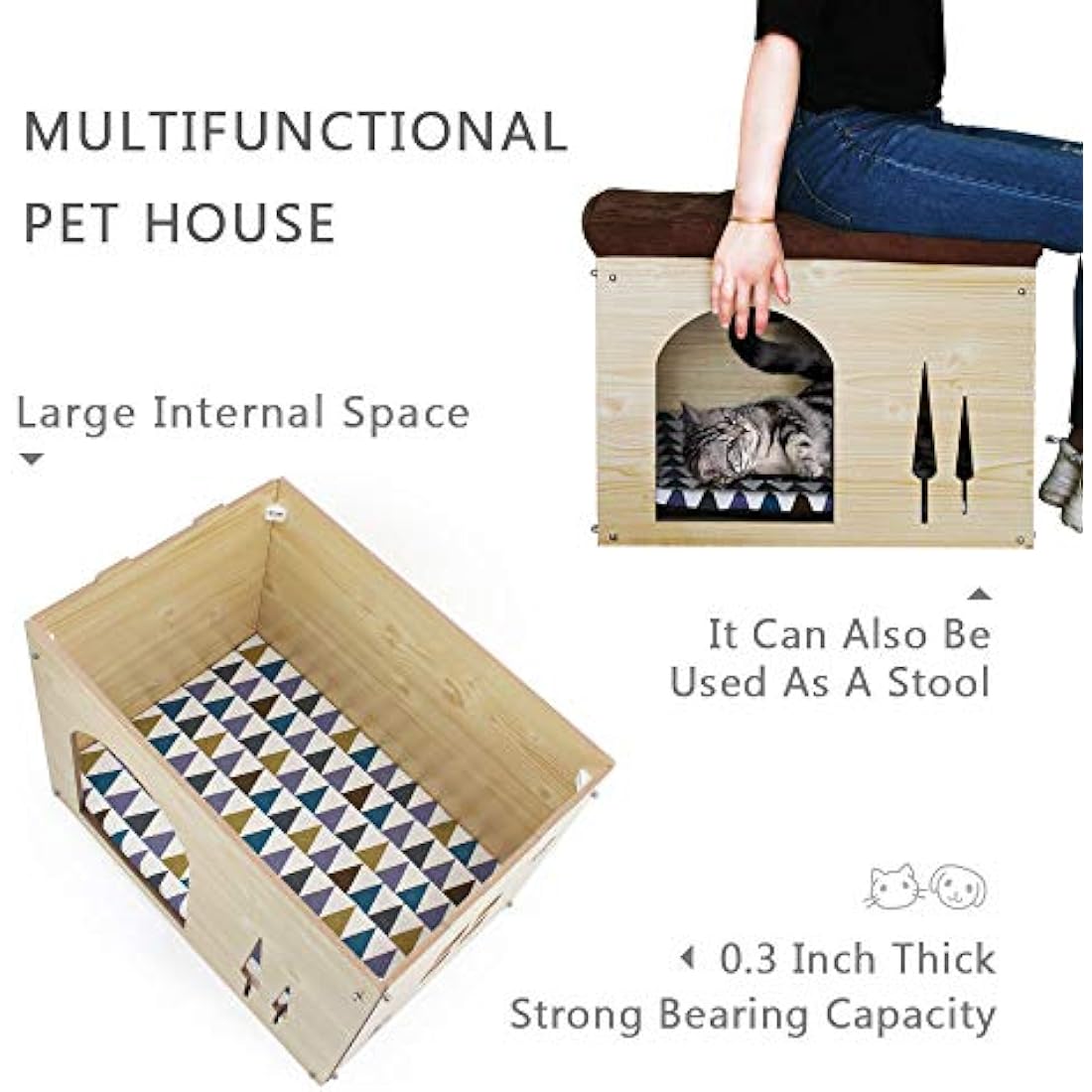 Cat Pet Bed House- Footstool Style Cat Cave Puppy Kennel, Foldable Pet House with Free Pet Cushion for Small Dogs Cats Rabbits Creative Wood Sitting Stool for Living Room Bedroom, Natural XL