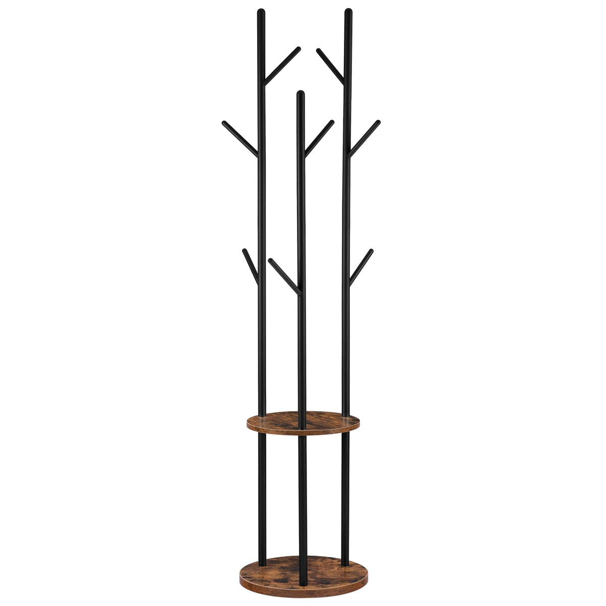 HOOBRO Coat Stand, Coat Rack for Hallway, Freestanding Coat Rack Stand with 8 Hooks, Storage Shelves, Hall Trees for Clothes, Rustic Brown EBF33YM01