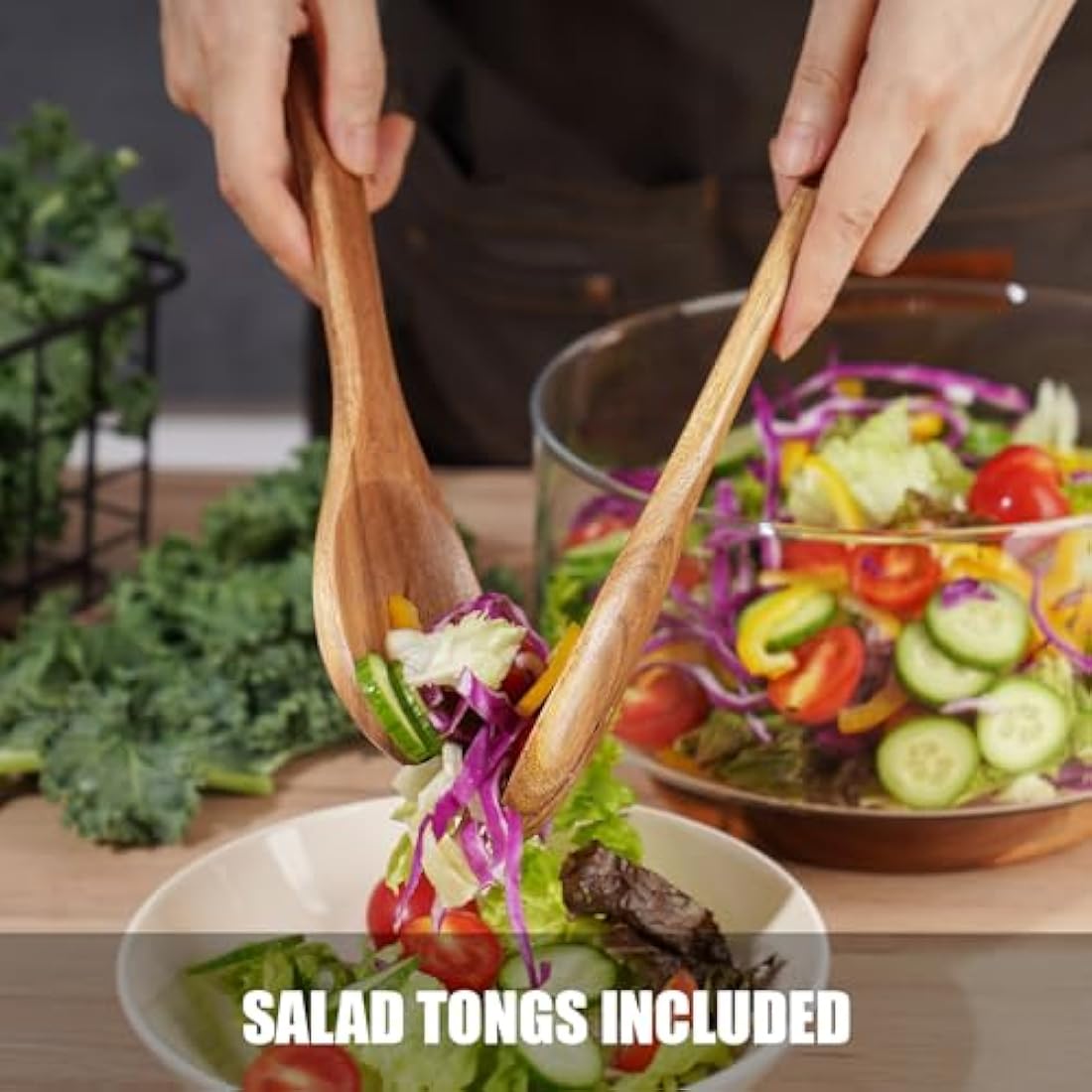 NiHome Large 3600ML Glass Salad Bowl with Acacia Wood Salad Tongs, Enhanced Stability Design, Versatile Serving Bowl for Salads, Fruits, Ideal for Gatherings & Daily Family Dining