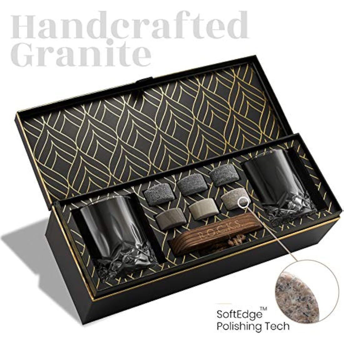 Whiskey Chilling Stones Gift Set - 6 Handcrafted Premium Granite Round Sipping Rocks - 2 Crystal Glass Tumblers - Hardwood Presentation & Storage Tray - Elegant Gold Foil Gift Box by R.O.C.K.S.