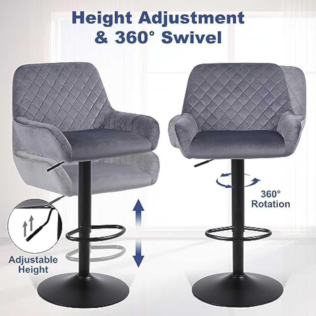 ralex-chair Bar Stools Set of 2, Height Adjustable Velvet Fabric Swivel Barstool Bar Chairs, Breakfast Dining Stools With Backrest and Armrest for Bar, Counter and Kitchen, Grey