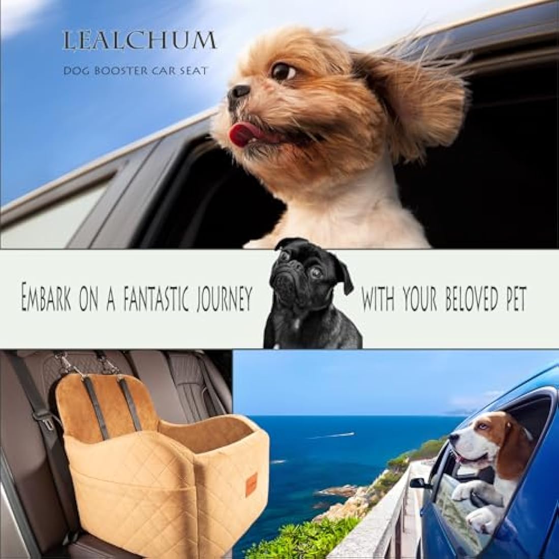 Lealchum Dog Booster Car Seat for Small/Medium Dogs,Puppy Portable Seat for Car with Elevated Cushion,Fully Detachable and Washable Pet Seat with Storage Pockets,Easy to Install (Coffee, Medium)