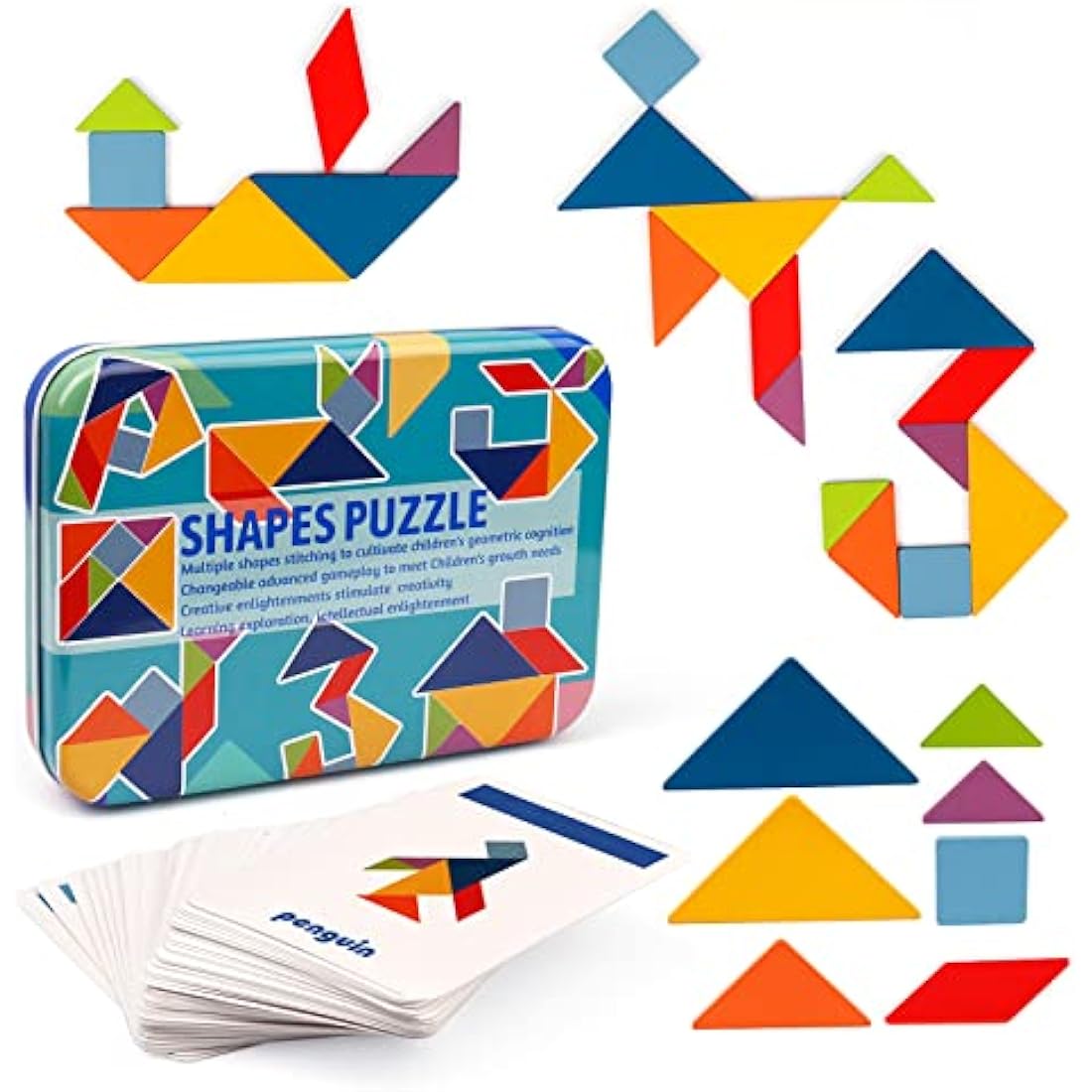 Vanmor 68 Pcs Tangram Puzzles for Kids, Wooden Puzzle for Toddlers, Montessori Educational Learning Toys for Girls Boys 3+, Birthday, Christmas and Children's Day Gifts