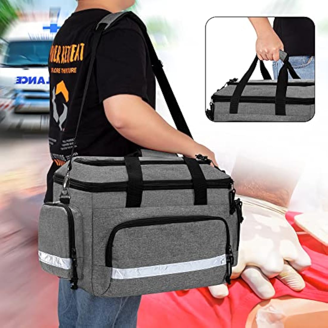 Damero First Responder Bag Empty, Medical Emergency Trauma Bag with Detachable Dividers for EMT, Nurses, Tactical Medics, Home Care, Gray