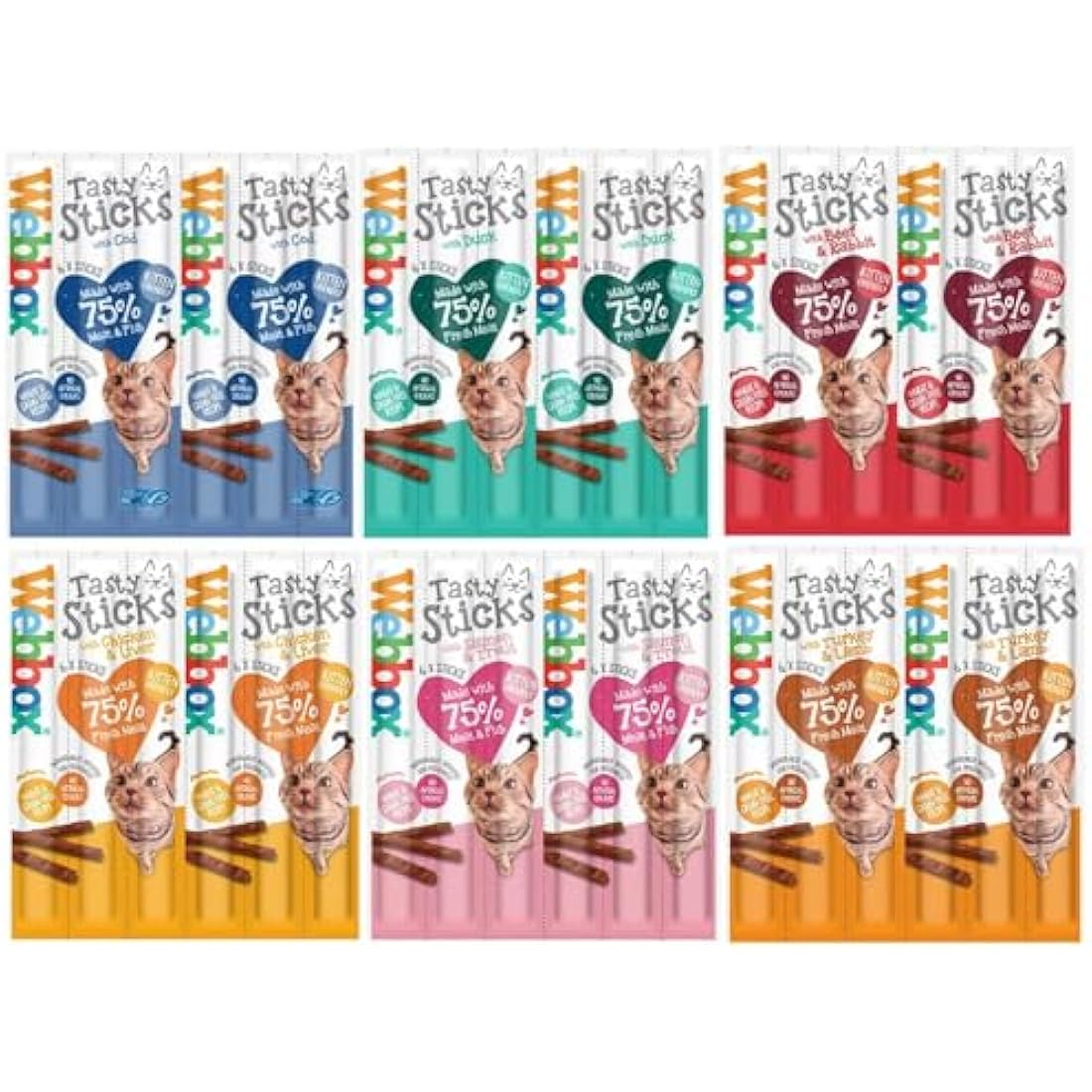 Webbox *NEW* 6 PACK MIXED CAT STICKS CAT KITTEN MEATY STICK TREAT COD DUCK BEEF CHICKEN TURKEY SALMON