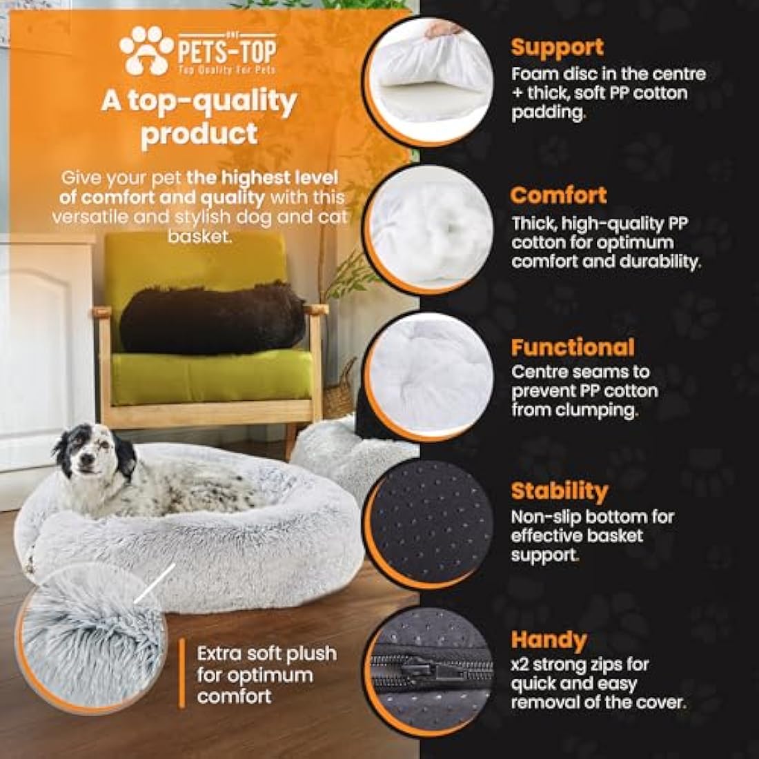 One PETS-TOP Dog Bed Medium - Washable Fluffy Calming Bed - Soft Long Plush with Removable Cover, Dodo Donuts XXL Extra Large Mattress (Pearl Grey, 80cm)
