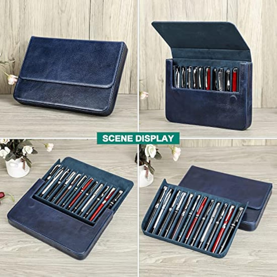 Hiram Leather Pen Case for 12 Pens Vegetable Tanned Leather Fountain Pen Storage Box with Hidden Magnetic Snap Closure and Pens Tray Design (Blue)