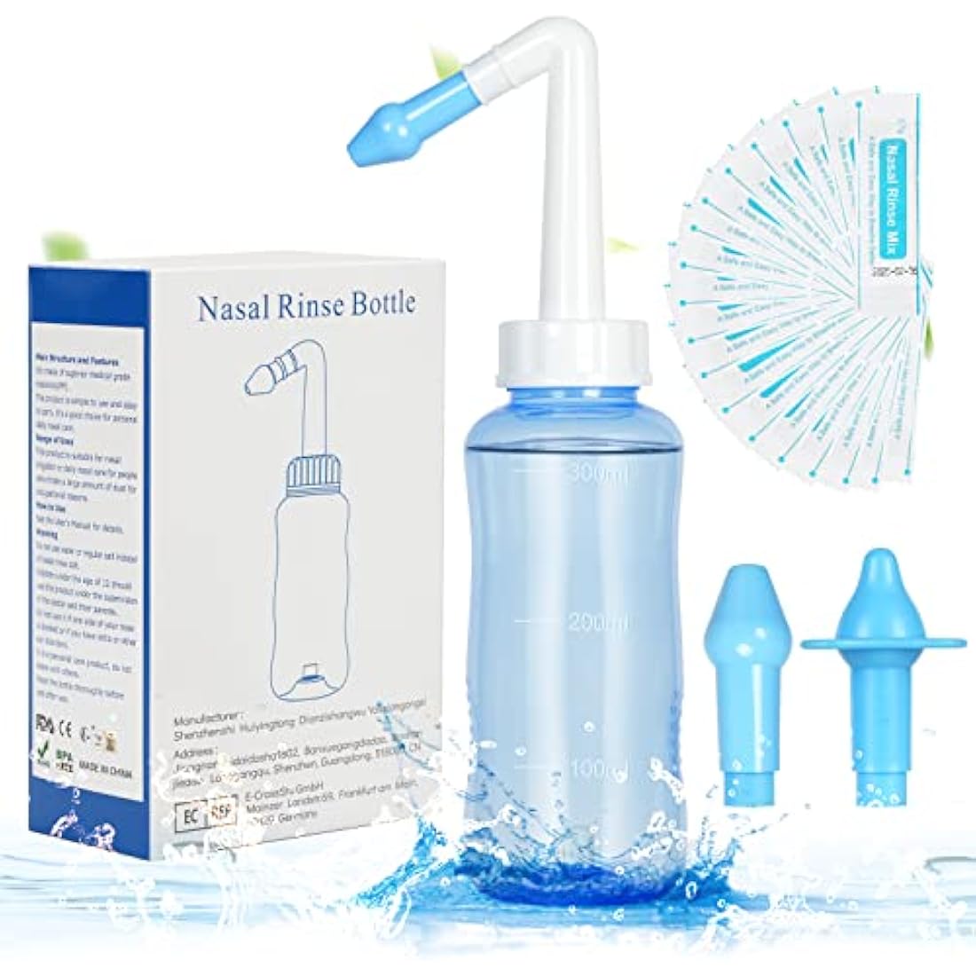 URAQT Neti Pot, Nasal Rinse Kit Nose Wash Cleaner, 300ml Sinus Rinse Bottle with 40 Nasal Wash Salt Packets, Pressure Rinse Nasal Irrigation for Adult and Kid BPA Free