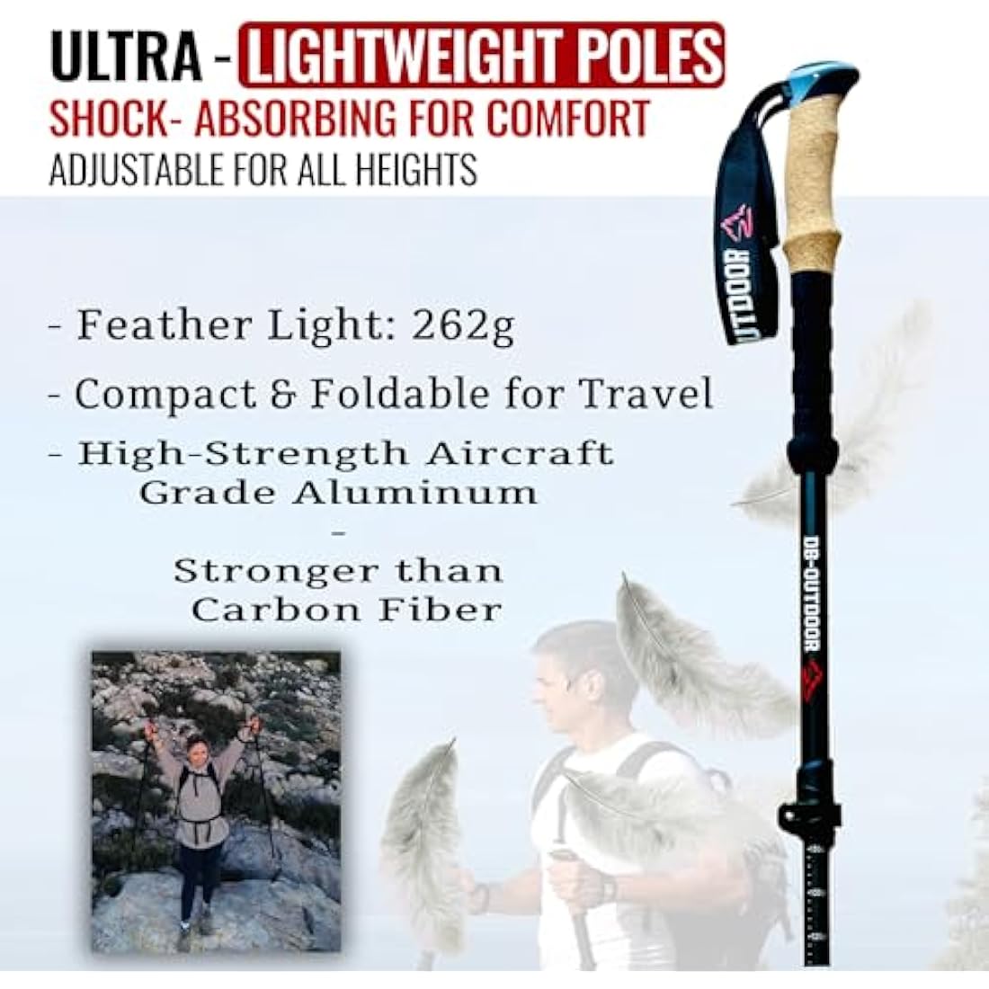 DB-OUTDOOR Trekking Hiking Walking Poles Women and Men - 2 Ultralight 7075 Aluminum Collapsible Hiking Sticks for Men, Natural Cork Grip & Metal Flip Lock Nordic Walking Poles for Men and Seniors